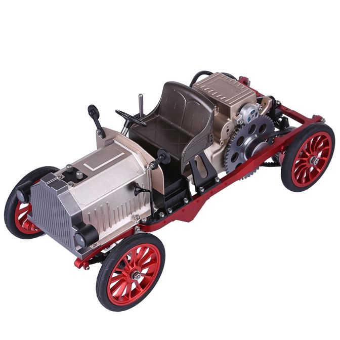 Edutor kovový edukativní interaktivní funkční model auta na dálkové ovládání s jednoválcovým motorem jako stavebnice pro školy, kroužky, modeláře i rodiny.